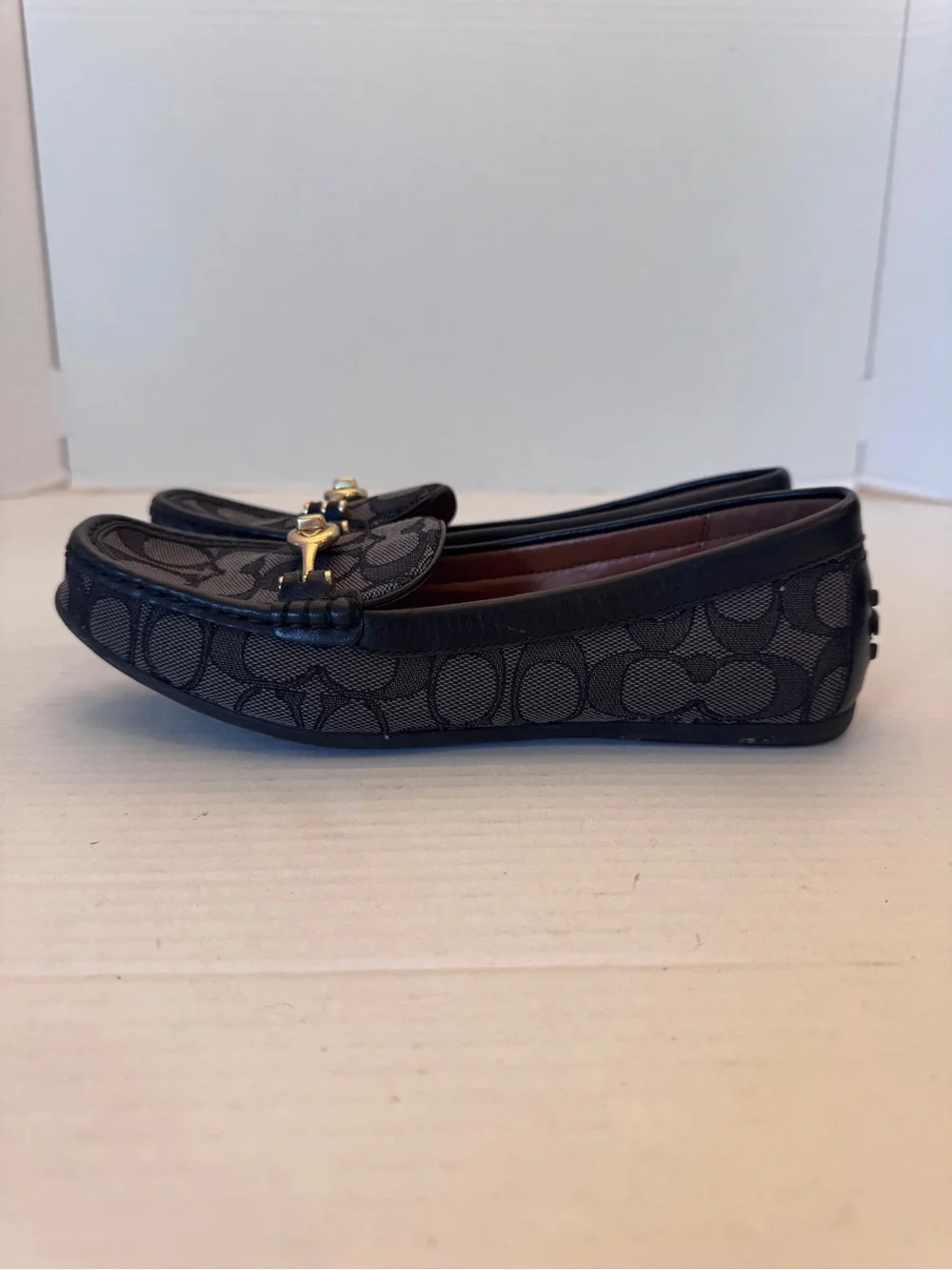 Coach Crosby Driver Loafers Signature Jacquard Turnlock Black Grey Shoes Size 7B